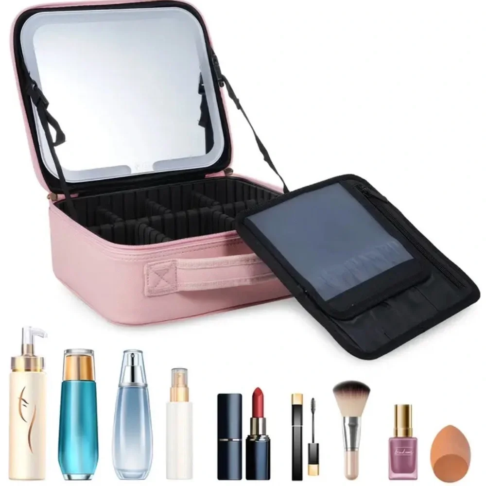 Cosmetic Storage Bag With LED Light Partition Organizer Large Travel Pink